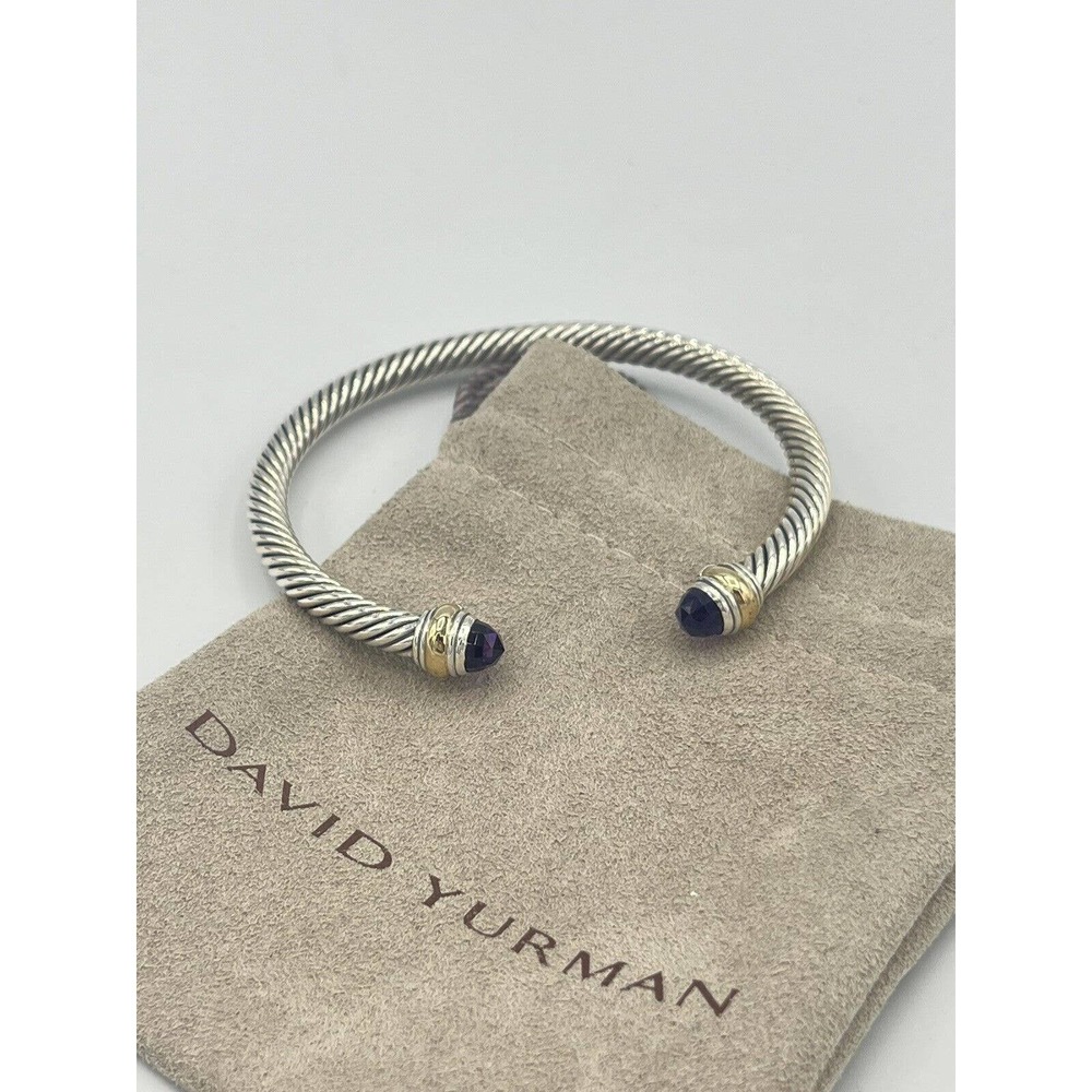 David Yurman Sterling Silver 925 & 14k Gold 5mm Cable Amethyst Bracelet Small
